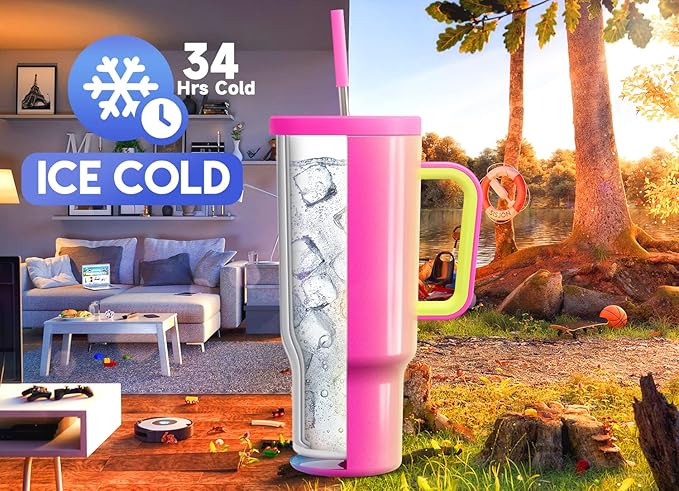 Meoky 40oz Tumbler with Handle, Leak-proof Lid and Straw, Insulated Coffee Mug Stainless Steel Travel Mug, Keeps Cold for 34 Hours or Hot for 10 Hours (Carnival) - Bloomnest