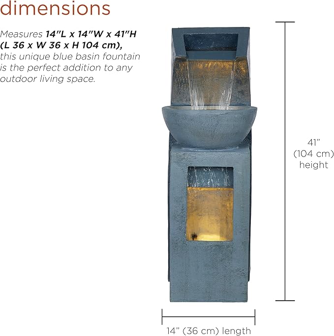 Alpine Corporation TZL380 Outdoor Basin Waterfall Floor Fountain with LED Lights for Garden, Patio, Lawn and Backyard Decor, 41" H, Gray - Bloomnest