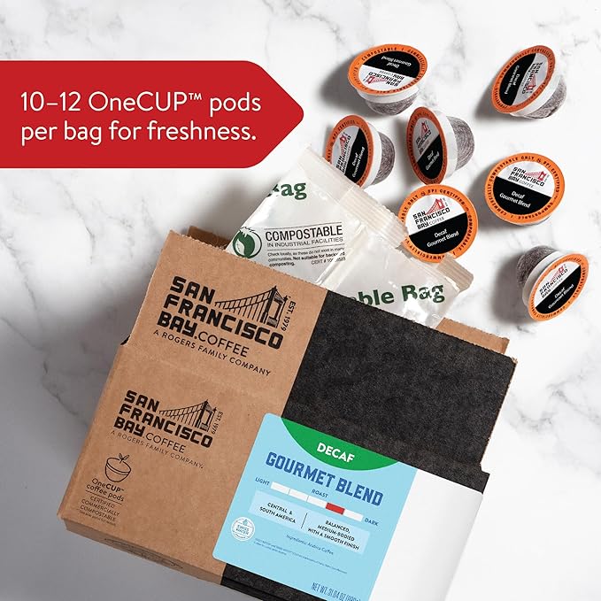 San Francisco Bay Coffee - Decaf Medium-Dark Roast - Decaf Gourmet Blend (80 ct) - Single Serve Coffee Pods, Swiss Water Processed, Commercially Compostable, K Cup Compatible - Bloomnest
