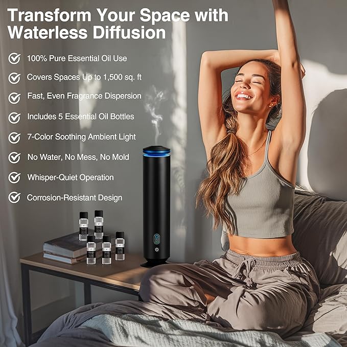 Waterless Scent Diffuser Starter Kit - 1500 Sq Ft Coverage, Scent Diffuser for Home, Hotel, Studio, Essential Oil Diffuser Large Room, 7 Mood Lights Setting, 5 Essential Oils Included, Black, 11.50In - Bloomnest