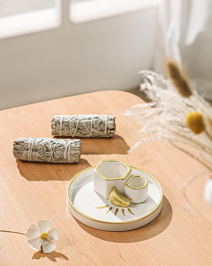 Ceramic Incense Holder Burner, Sage Holder for Burning, Palo Santo Sticks Holder, 5.51" Ash Catch Tray, Smudge Dish for Meditation Yoga, Modern Home Decor Gift - Bloomnest