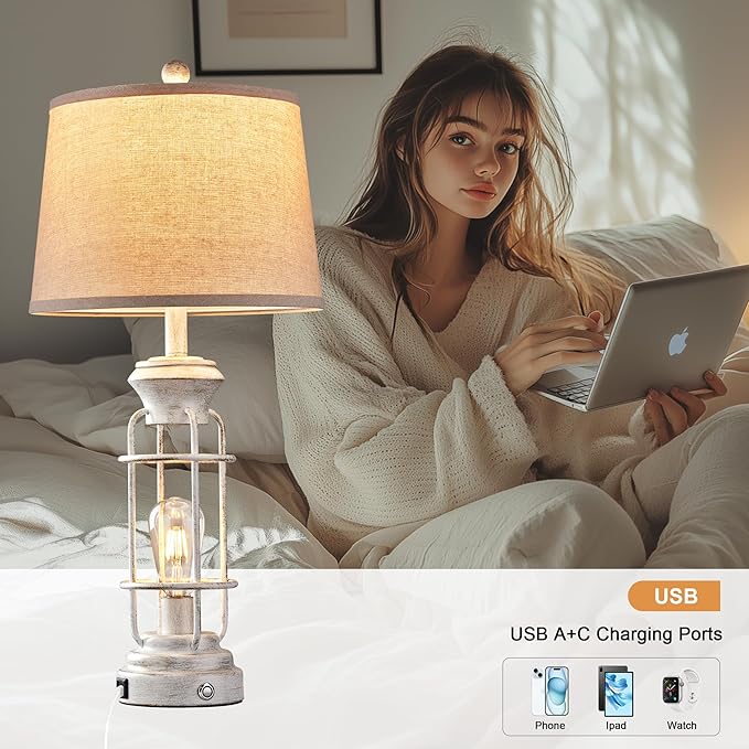 Farmhouse Lamps Set of 2, 28.5" Touch Lamps for Nightstand with USB C+A Ports, LED Bulbs Included - Bloomnest