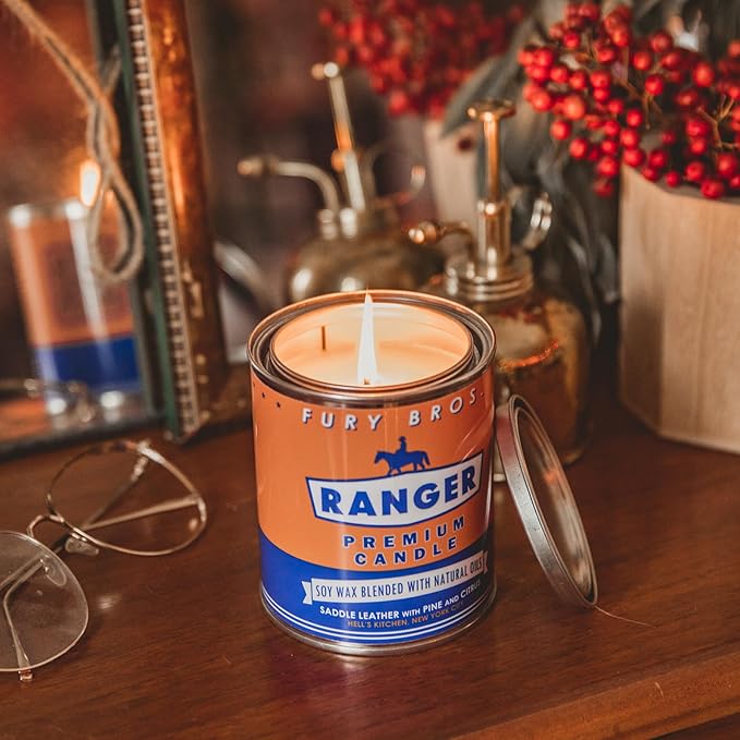 Fury Bros. Scented Candles for Men | Ranger | Saddle Leather Pine Citrus | Natural Soy Wax | Hand-Poured in The USA | Long 70-80 Hour Burn (12.5 oz) | Vintage-Inspired Tin Design | Dad Home Gift - Bloomnest