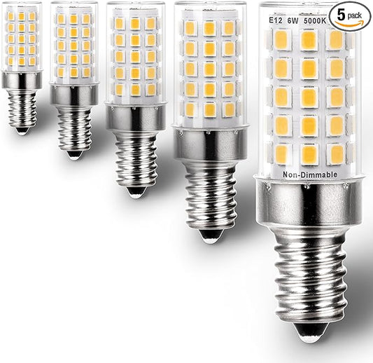 E12 5000K Led Candelabra Chandelier Bulbs Kx-2000 60w Replacement, Small Base 120V E12 C7 T6 LED Light Bulbs Daylight White for Ceiling Fan Salt Lamp,550lm(5Pack) - Bloomnest