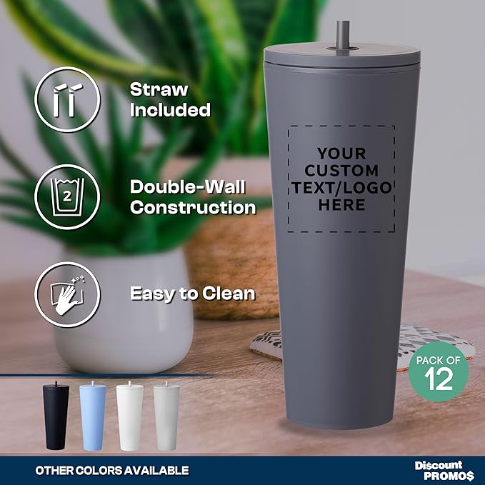 DISCOUNT PROMOS Custom Kenai Plastic Tumblers with Straw 24 oz., Set of 12, Personalized Bulk Pack - Ideal for Busy Professionals, With lids, Ice Coffee Tumbler, To Go Cup, Insulated - Charcoal - Bloomnest
