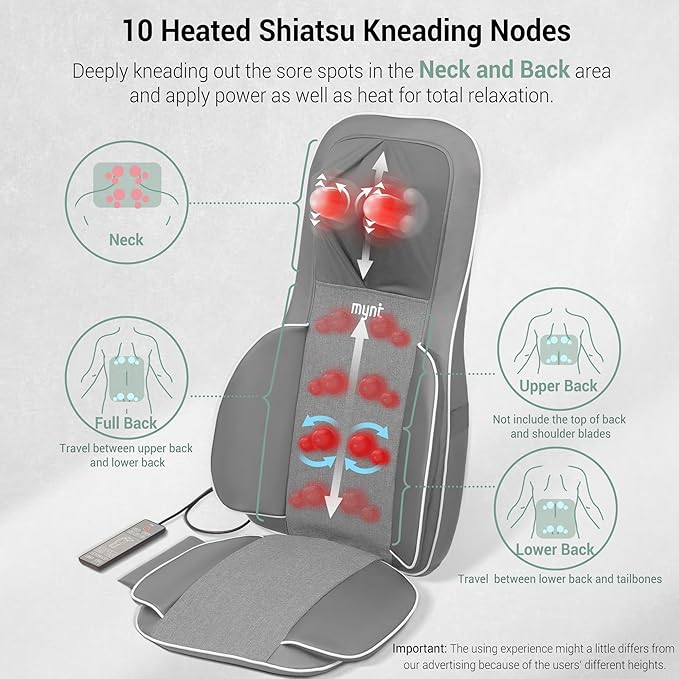 Mynt 2D & 3D Shiatsu Neck and Back Massager for Chair with 10 Deep Kneading Nodes, Adjustable Back Massage with Heat, Portable Massage Chair Pad (Gray) - Bloomnest