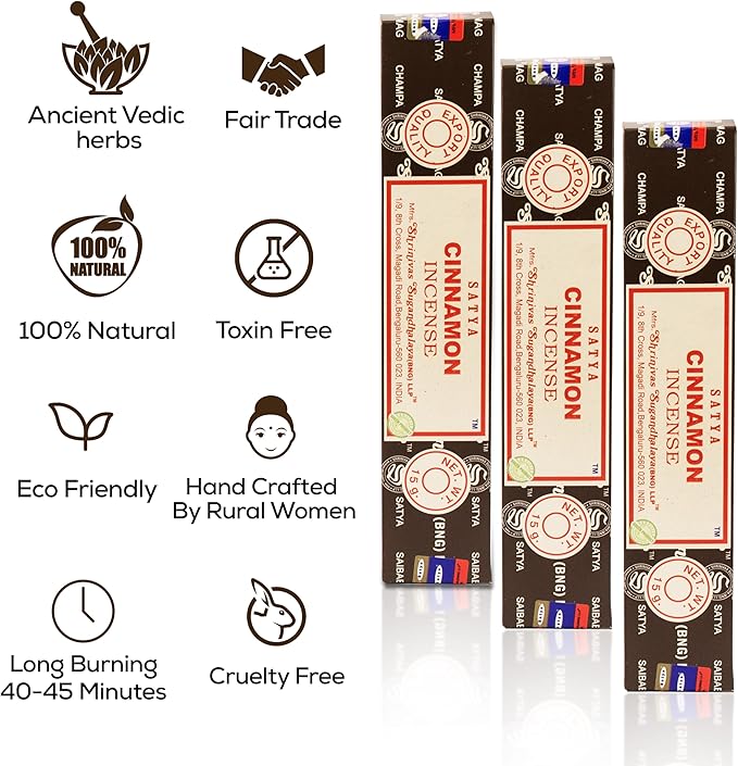 Satya Cinnamon Incense Sticks, Satya Bng (Bangalore) Insenses 15gmx3 Pack with Raajsee Incense Holder Bundle, Satya Nagchampa Natural Incense - Bloomnest