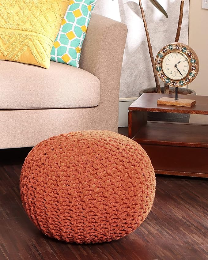 REDEARTH Round Pouf Ottoman - Hand Knitted Cable Boho Poof - Pouffe Circular Footrest for Living Room - Bedroom - Patio - 100% Cotton (19.5"x19.5"x14") - Burnt Orange - Bloomnest