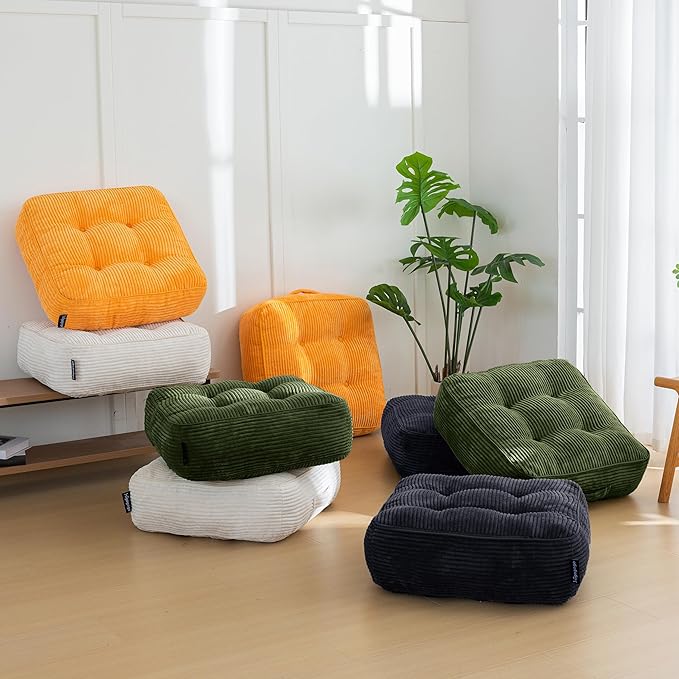 8" Washable Floor Pillow Cushion for Adults, Meditation Cushion Pillow, Large Square Floor Sitting, Removable Tufted Corduroy Cover, for Tatami Living Room or Yoga, 22x22 Inch, 2Pack, Machine Washable - Bloomnest
