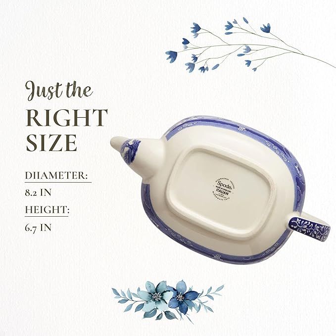 Spode Blue Italian Teapot with Infuser - 40 oz Countryside-Inspired Ceramic Teaware for Afternoon Tea, Earthenware Brunch Tableware, Vintage-Inspired Tea Party Hosting - Bloomnest