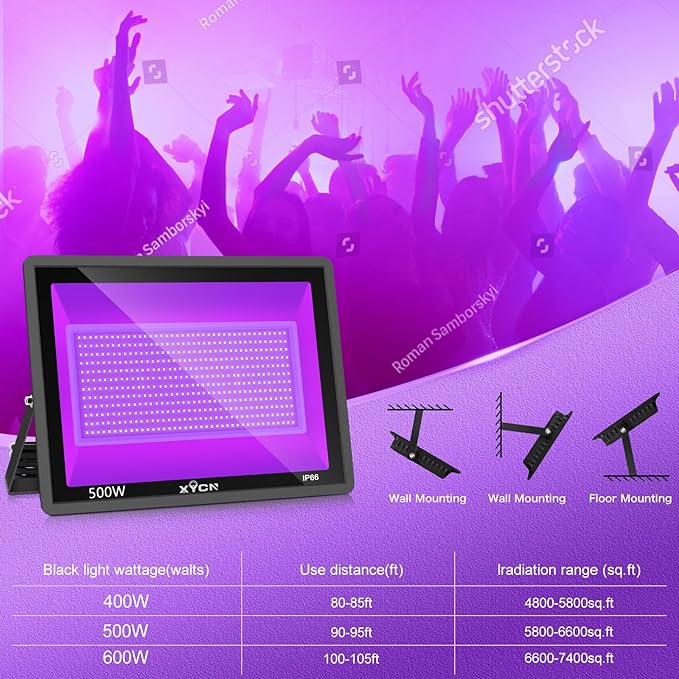 4 Pack 500W LED Flood Black Lights,395nm to 405nm UV Outdoor Flood High Power Blacklight Light with Plug in, IP66 Waterproof Large Black Light Spotlight for Glow Party Large Space, Halloween - Bloomnest