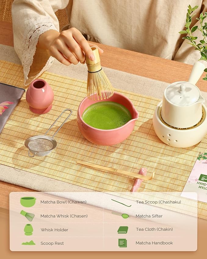 Maestri House Pink Matcha Whisk Set, 7-Pc Complete Matcha Kit with Spouted Ceramic Bowl, Bamboo Whisk and Holder, Scoop, Spoon Rest & Sifter, Tea Cloth – Ideal Gift for Matcha Lovers (Pink) - Bloomnest