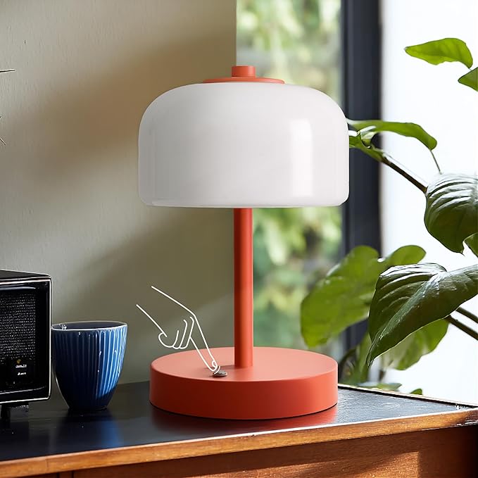 Oneach 9" Cordless Table Lamp, Orange Rechargeable Battery Operated Lamp, 3-Way Stepless Dimming Touch Lamps, Small Glass Bedside Nightstand Light for Bedroom Dining Table Living Room Shelf Decor - Bloomnest