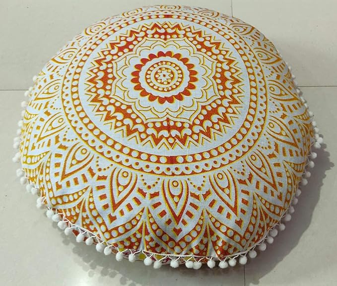 INDIAN CRAFT CASTLE 24" Yellow Ombre Mandala Barmeri Large Floor Pillow Cover Cushion Meditation Seating Ottoman Throw Cover Hippie Decorative Zipped Bohemian Pouf Ottoman Pom Pom Cases 24" Round - Bloomnest