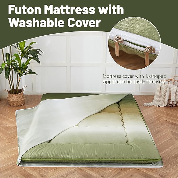 Japanese Floor Mattress, Futon Mattress with Portable Storage Bag and Washable Cover, Roll Up Thick Tatami Mat Suitable for Camping, Guest Room (Forest Gradient, Twin) - Bloomnest