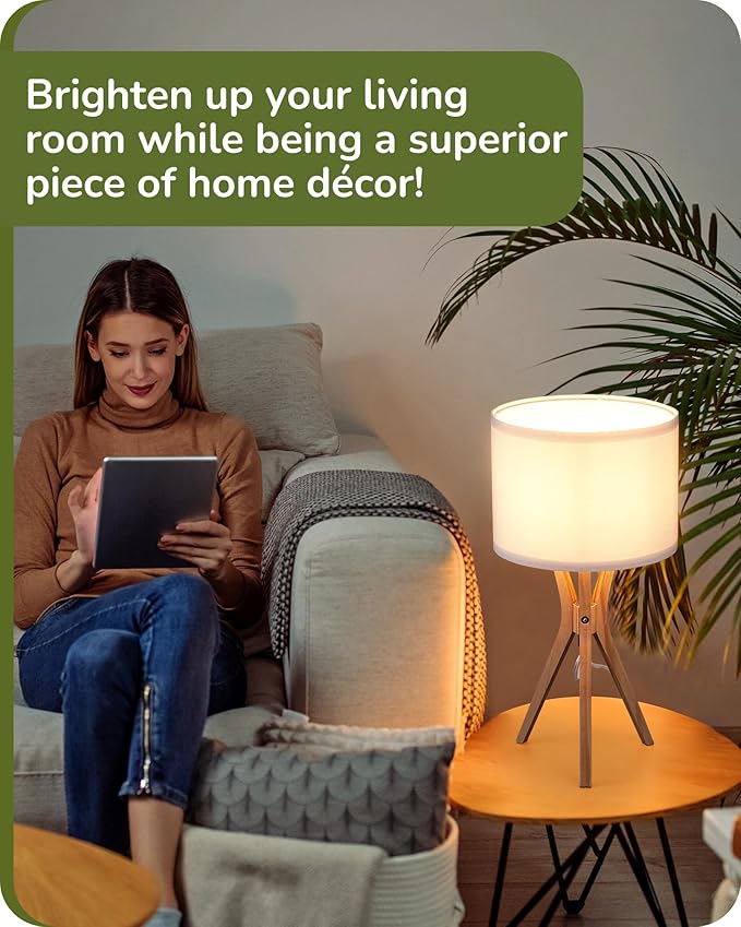 EDISHINE Modern Tripod Table Lamp, 17.5" Bedside Lamp with Natural Wood Light Legs & White Linen Lampshade, Nightstand Lamp for Bedroom, Living Room, Reading Room, E26 Base - Bloomnest