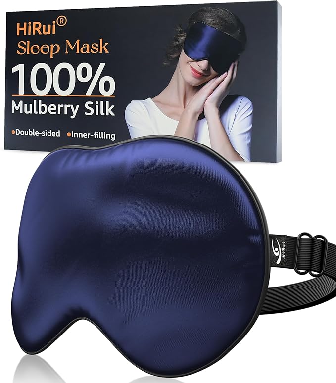HiRui Silk Sleep Mask, 100% Natural Mulberry Silk of Double-Sided & Inner-Filling, Ultra-Smooth Soft, Adjustable Strap, Blocks Light for Night Sleeping, Travel, Office Naps (Navy Blue) - Bloomnest