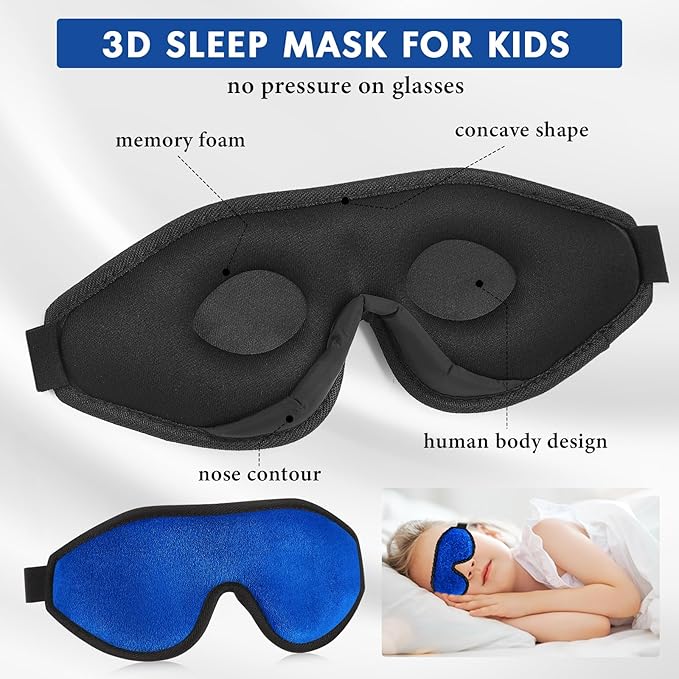 Coume Sleep Mask for Kids 3D Sleeping Blindfold Memory Foam Contoured Eye Mask with Blocking Light with Adjustable Strap(Dark Blue) - Bloomnest