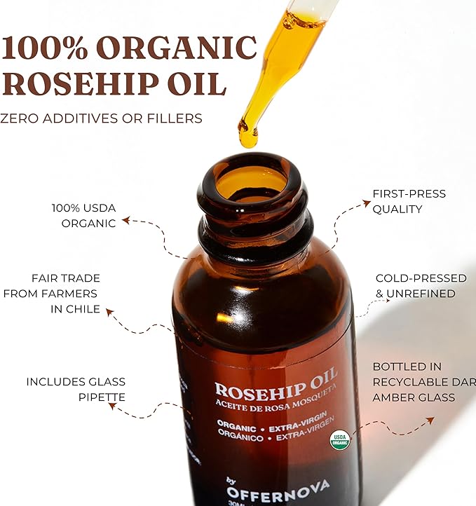 Offernova Organic Rosa de Mosqueta Oil- USDA Certified Rosehip Seed Oil Pure Cold Pressed, Repairs & Brightens Skin - Gua Sha Massage, Face, for All Skin Types - Aceite Facial 1OZ - Bloomnest