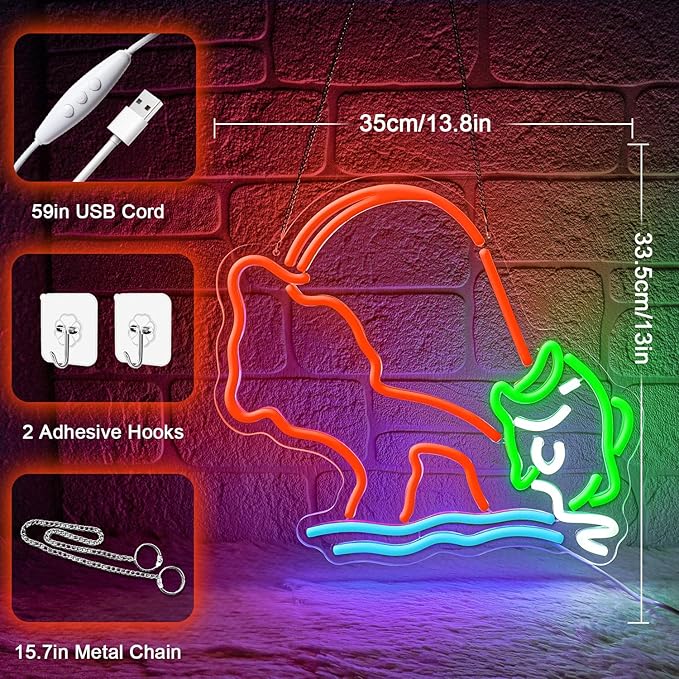Fishing Neon Sign,Neon fish Sign,Neon Signs for Wall Decor,LED Light Up Man Cave Sign with Fish Rod Graphic,Cool Gifts for Fishermen,Bar,Cabin,Rustic Lake House,USB Powered Neon Light - Bloomnest