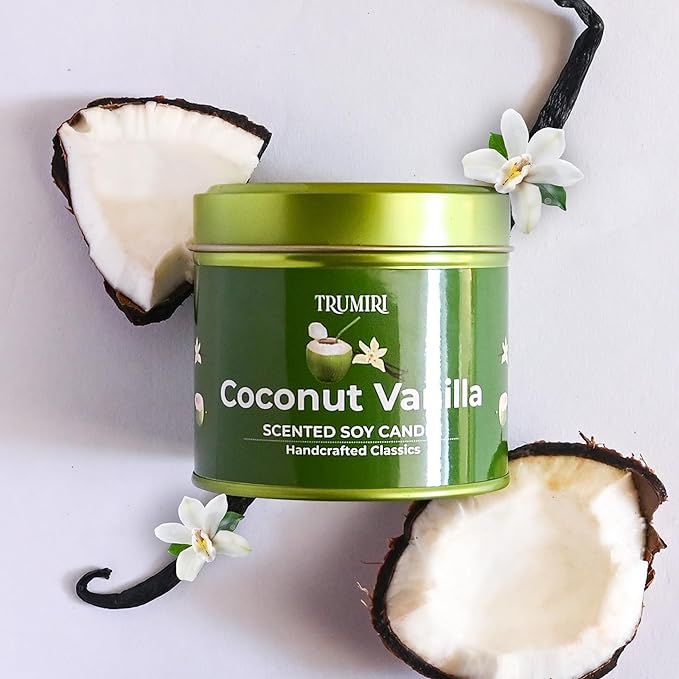 Coconut Vanilla - Aromatherapy Candles for Home Scented - 5oz Natural Soy Wax Clean Organic Non Toxic - Long Lasting Highly Scented with Essential Oils - Gifts for Women Relaxing Spa Beach Bathroom TRUMIRI