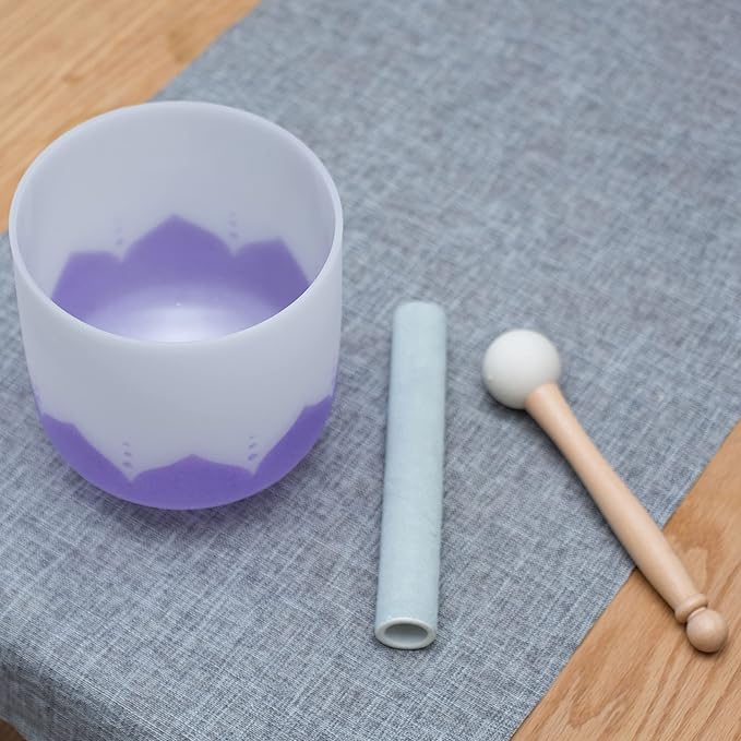 Leize Quartz Crystal Singing Bowl 432hz B Note Crown Chakra Violet Lotus Design 6" Wide with Suede Striker - Bloomnest