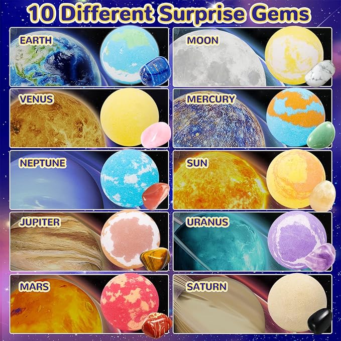 10 Pack Galaxy Bath Bombs for Kids with Surprise Toys Inside Organic Bubble Bath Bombs with Solar System Gemstones Easter Christmas Birthday Gift for Kids Boys Girls - Bloomnest
