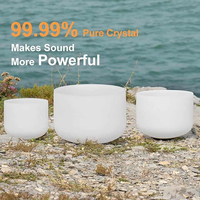 CVNC Set of 3 PCS 440HZ 6" A Note 8" F Note and 10" C Note Frosted Chakra Quartz Crystal Singing Bowl with Carry Case Bag for Sound Healing Meditation - Bloomnest