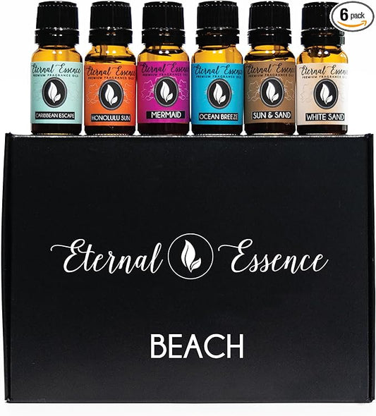 Eternal Essence Oils Beach Set of 6 Premium Fragrance Oils - Includes White Sand, Ocean Breeze, Honolulu Sun, Mermaid, Caribbean Escape, and Sun & Sand Scented Oils - 10ML - Bloomnest