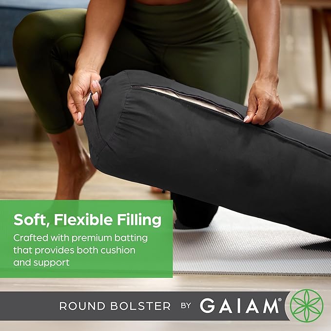 Gaiam Round Yoga Bolster Pillow, Soft Meditation Cushion for Yoga, Massage and Back Support, Breathable Cotton Fill, Zippered Microfiber Cover, Easy-Carry Handle, Machine Washable