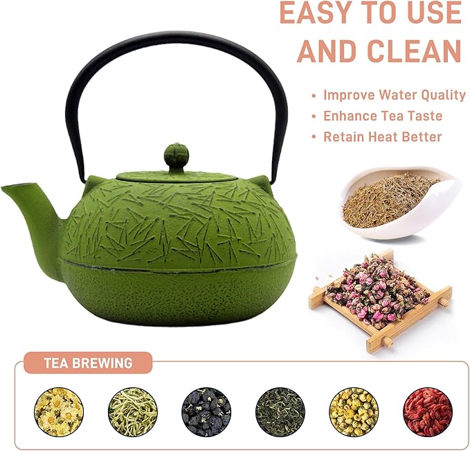 YJX 60.9oz Large Cast Iron Teapot, Big Tea Kettle for Stovetop Safe, Green Cast Iron Kettle Teapot with Stainless Steel Infuser for Loose Tea and Tea Bags(1800ml) - Bloomnest