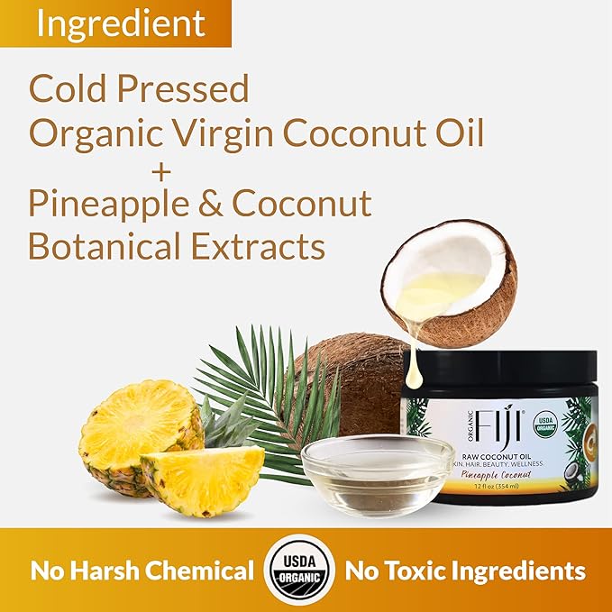 Organic Fiji Raw Cold Pressed Coconut Oil for Hair, Skin, Face & Body | Relaxing Massage Oil | Pineapple Coconut,12 oz for Women Men & Baby - Bloomnest