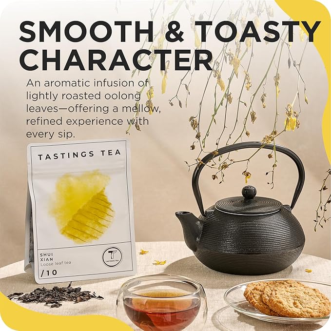 Tastings Tea Shui Xian Oolong Loose Leaf, 1.3 oz | Rich, Smoky & Sweet Traditional Chinese Leaves from the Fujian Province | Medium Caffeine | Small Batch & Sustainably Sourced | Resealable Pouch - Bloomnest