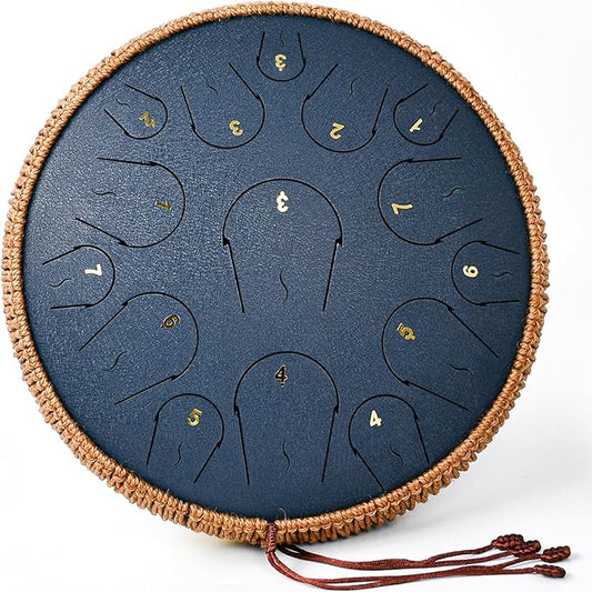 Steel Tongue Drum - 14 Inch 15 Note Tongue Drum - Hand Pan Drum with Music Book, Handpan Mallets and Carry Bag, C Major, Navy Blue - Bloomnest