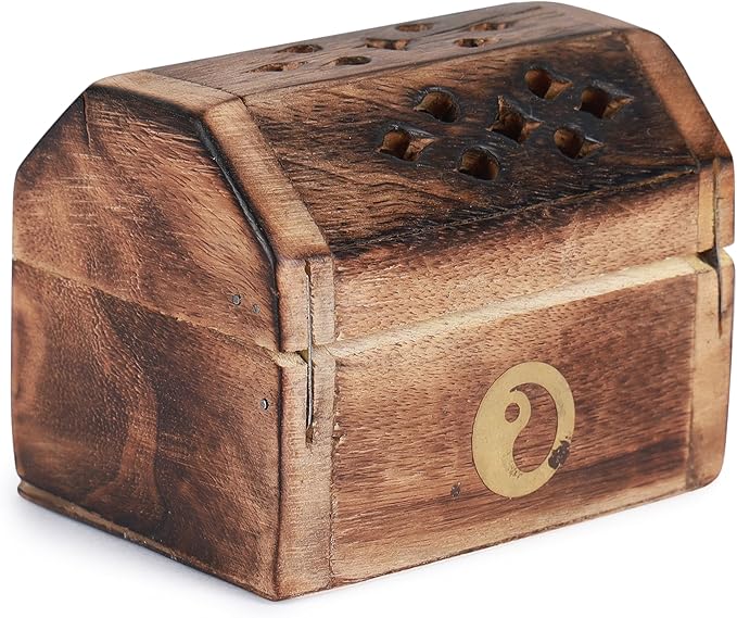 Bless-International Traditional-Handmade-Burner Wooden-Incense-Stick-Holder Ash-Catcher-Stand for-Aromatherapy-Meditation-Yoga (Treasure Box Wooden Charcoal/Cone) - Bloomnest