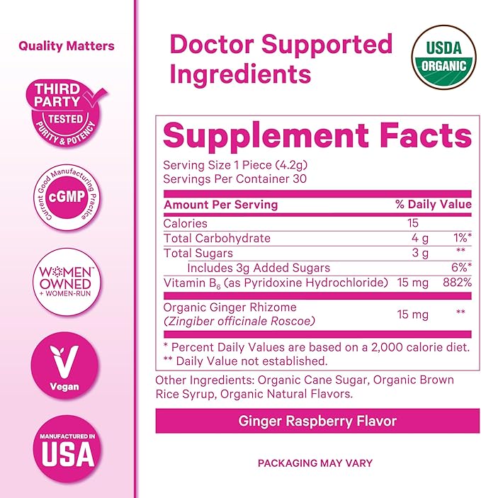 Pink Stork Organic Ginger Raspberry Sweets with Vitamin B6 for Morning Sickness and Motion Sickness, Added Ginger & Vitamin B6, 1st Trimester Pregnancy Must Haves - 30 Wrapped Candies - Bloomnest