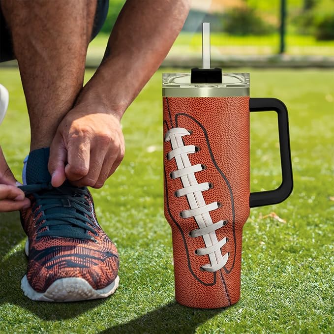 SANDJEST Football Tumbler with Handle 40oz Insulated Stainless Steel Cup with Lid & Straw, Travel Cup, Gifts for Men, Boys, Players, Coaches, Sports Lovers, Christmas, Birthday - Bloomnest