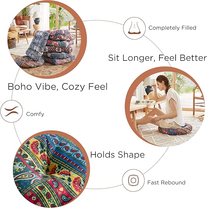 Codi Meditation Floor Pillow, Boho Pillows Seating for Adults and Kids, Large Round Cushion for Yoga Living Room Tatami Sitting, Memory Foam Added, 22x22 Inch, Multi Blaidiere - Bloomnest