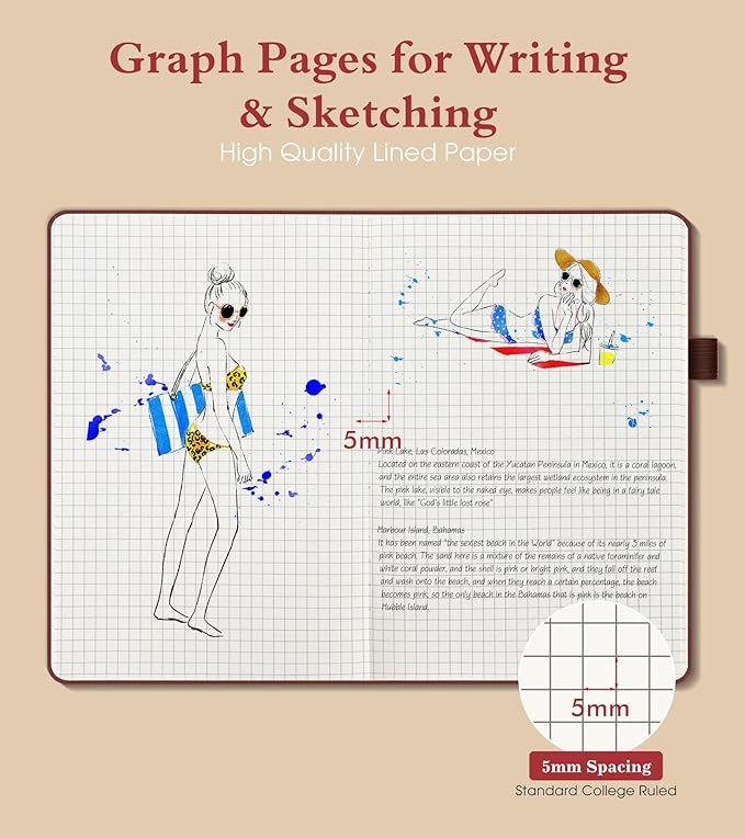 Graph Notebook for Women Men, 160 Pages Grid Paper, Graphing Notebooks for School, Work, Quad Ruled, Inner Pocket, A5 Hardcover Vintage Leather Journals for Writing, 5.8"x8.5" (Brown) - Bloomnest