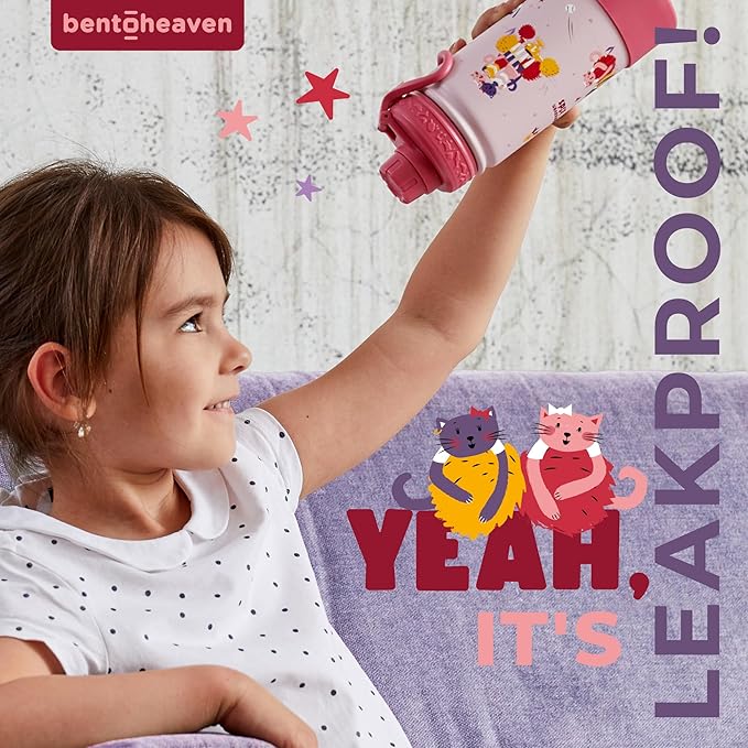 Bentoheaven Kids Water Bottle Stainless Steel for Boys & Girls, 2 Lids (Chug & Straw), Handle & Silicone Boot, Reusable Metal Leak-proof Insulated Tumbler, School & Sports 17oz (Pink) - Bloomnest