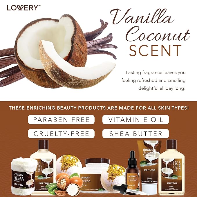 Gifts For Women Gift Basket for Women– 9 Piece Set of Vanilla Coconut Home Spa Set, Luxurious Valentines Day Gifts for Her, Bath and Body Sets Includes Fragrant Lotions, Large Bath Bombs, Coconut Oil - Bloomnest