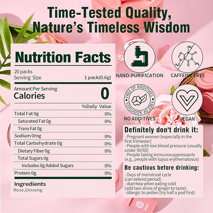 SAIPIN Ginseng Rose Tea with Shaker Bottle– Instant Herbal Kidney Tea for Energy & Beauty | 20 Pack Organic Adaptogen Rose Ginseng for Women & Men | Caffeine-Free, Sugar-Free | Detox - Bloomnest