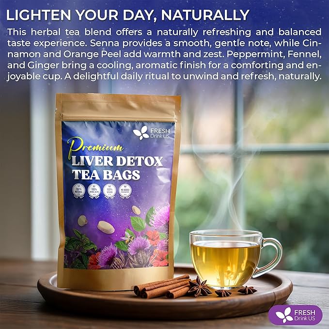 FreshDrinkUS, Premium Liver Herbal Detox Tea – Strong Blend Of Milk Thistle, Hibiscus, Peppermint & Ginger | Fennel, Lemongrass & Orange Peel with Stevia | Vibrant Caffeine-Free Botanical Blend - Bloomnest