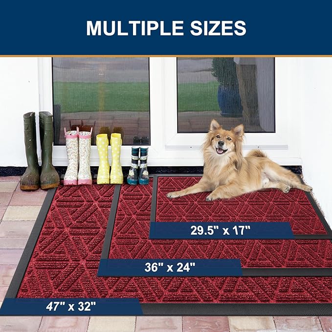 Smiry Front Door Mat Outside Entrance, Heavy Duty Sturdy Natural Rubber Doormat, Trap Dirt and Moisture, Easy Clean Low Profile Mats for Indoor Outdoor Entry, Grid Geometric (47x32, Wine Red) - Bloomnest