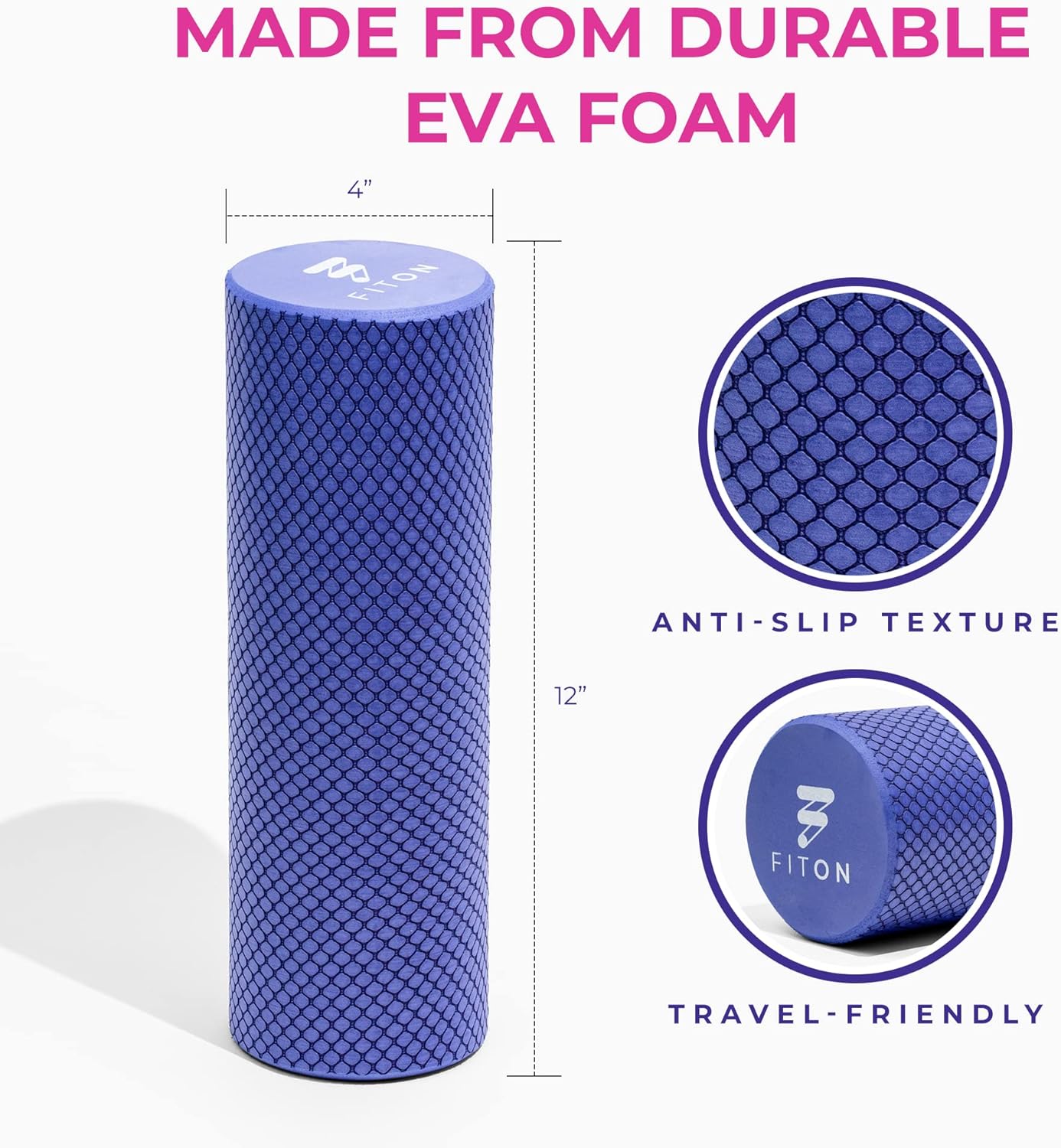 FitOn Recovery Foam Roller - High Density Travel Foam Roller for Muscle Massage and Deep Tissue Relief - Compact and Portable for Exercise, Travel, and Fitness - 12"x4", Purple