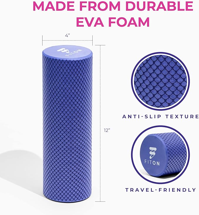 FitOn Recovery Fitness Foam Roller - High Density Travel Exercise Roller for Muscle Recovery, Massage and Deep Tissue Relief - Compact and Portable for Exercise, Travel, and Fitness - 12"x4", Purple - Bloomnest