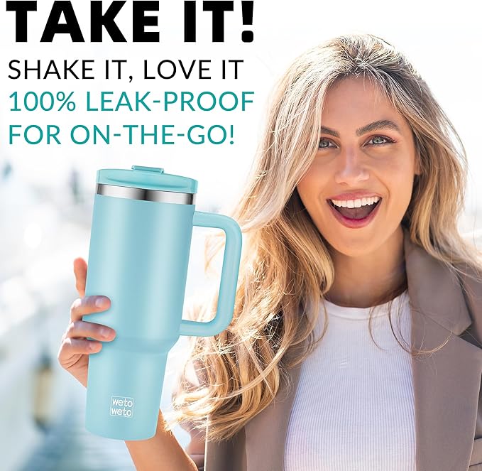 WETOWETO 40oz Tumbler with Handle and Lid | 100% Leakproof Insulated Stainless Steel Travel Mug | Keeps Cold 34Hrs/Hot 10Hrs | Dishwasher Safe, Fits Car Cup Holder (Sky Blue Color) - Bloomnest