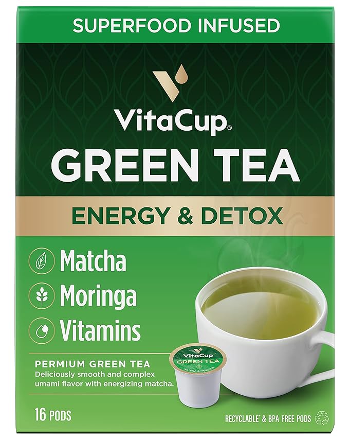 VitaCup Green Tea Pods, Enhance Energy & Detox with Matcha, Moringa, B Vitamins, D3, Keto, Paleo, Vegan, Recyclable Single Serve Pod, Compatible with Keurig K-Cup Brewers,16 Ct - Bloomnest