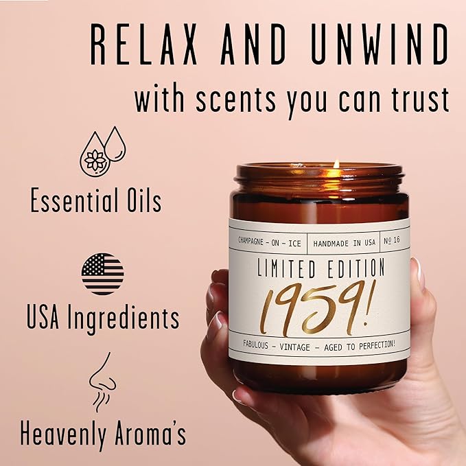 66th Birthday Gifts for Women - 'Limited Edition 1959' Soy Candle, w/Champagne on Ice I 66 Birthday Gifts for Women I 66th Gift for Her Ideas I 9oz Reusable Jar, 50Hr Burn, Made in USA - Bloomnest