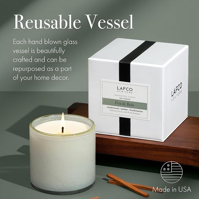 LAFCO New York Signature Candle, Feu de Bois - 15.5 oz - 90-Hour Burn Time - Reusable, Hand Blown Glass Vessel - Made in The USA - Bloomnest